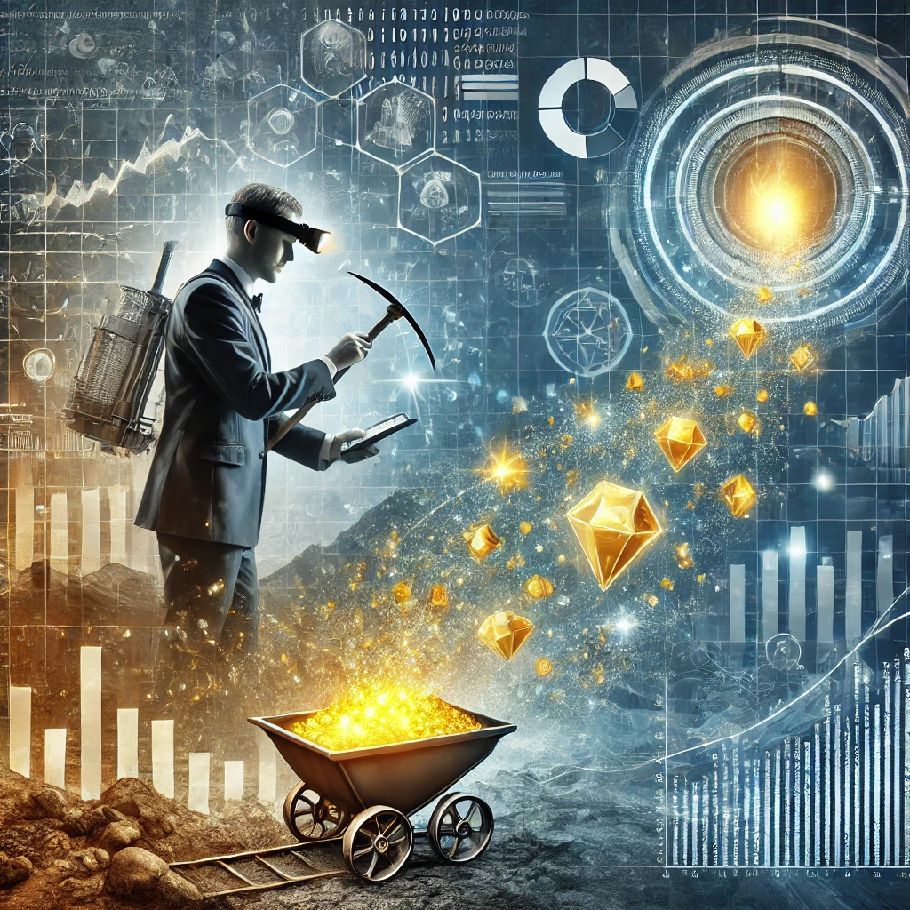 Futuristic businessman using data mining tools, wearing VR headset and holding a tablet, extracting golden digital insights from complex analytics. Concept of data analytics, business intelligence, and AI-driven decision-making with financial charts and technology-driven insights in the background.